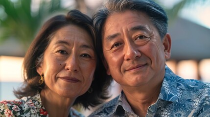 Capturing a joyful moment of a middle-aged couple posing by the resort pool during their holiday.