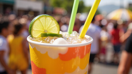 Tropical cocktail with lime and colorful garnish during a carnival street party