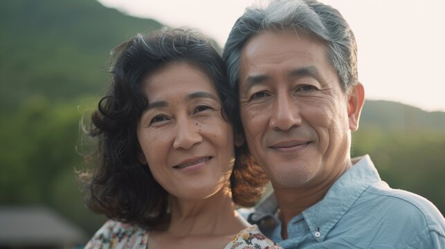 A vacation memory of a middle-aged couple standing happily by a serene resort pool.