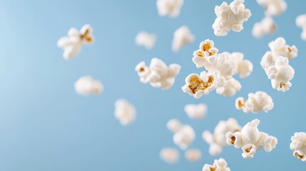 Fototapeta premium Flying Popcorn Kernels Against Blue Background, Fun Snack Concept