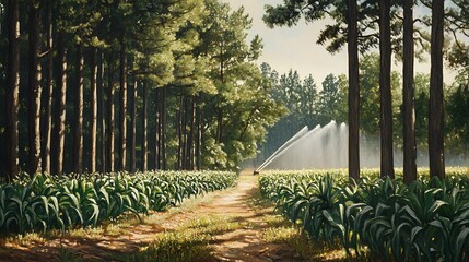 14. A corn garden bordered by tall trees with sprinklers operating during a warm afternoon