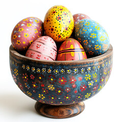 a bowl of colorful easter eggs with a wooden rim