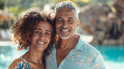 A middle-aged couple posing for a photo by a pool exuding happiness and contentment.