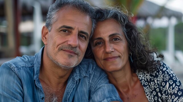A couple dressed in casual vacation clothes, capturing a moment of happiness near a luxurious resort poolside surrounded by greenery. - Powered by Adobe