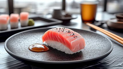 A piece of fatty tuna nigiri on a black ceramic plate
