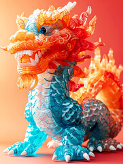 a dragon with a blue head and orange wings