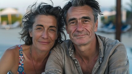 A cheerful couple enjoying their time at a tropical resort, smiling for a photo near the sparkling pool.
