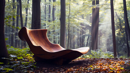 a wooden chair sits in the woods in the fall