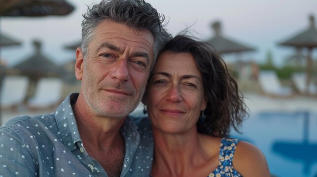 Middle-aged couple posing near a luxurious pool, enjoying the tranquility of their tropical vacation.