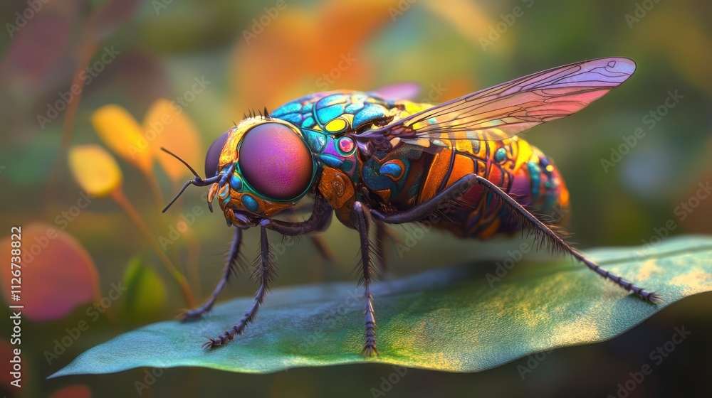 Poster intricate close-up view of a vibrant hoverfly on a lush green leaf in a natural setting. generative 