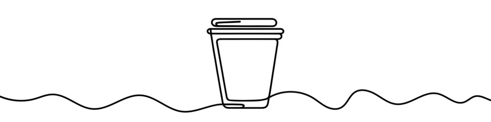 Continuous line drawing representing a coffee cup. Line art of paper coffee cup