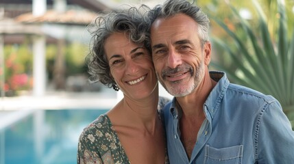 Middle-aged couple posing near a resort pool, capturing the essence of a tranquil tropical vacation.