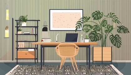 Elegant Composition of a Stylish Workplace Interior Featuring a MockUp Poster Frame, Wooden Desk, and Rattan Chair, Perfect for Inspiring Creativity and Productivity in Any Office Space