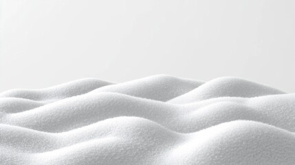 Elegant white snow background with soft rounded edges for product display, dense snow forming gentle hills and waves in foreground, pure white backdrop highlighting snow texture