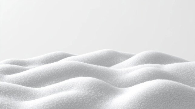 Elegant white snow background with soft rounded edges for product display, dense snow forming gentle hills and waves in foreground, pure white backdrop highlighting snow texture