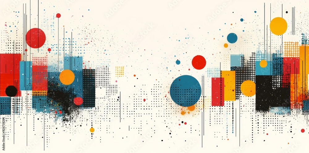 Poster a backdrop with a memphis geometry pattern and abstract pop art paint splashes in various colors.