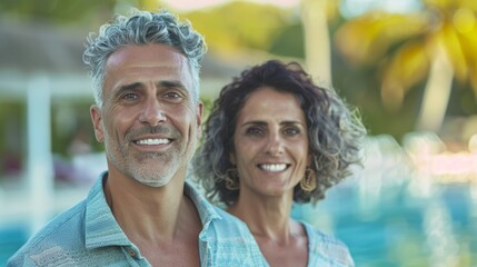 A middle-aged couple in their 50s with gray hair smiling and posing for a photo set against a blurred Outdoor backdrop.