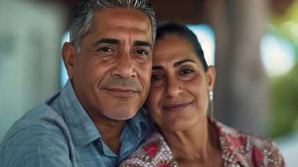 A portrait Of a middle-aged couple with the man On the left and the woman On the right posing together and smiling at the camera.