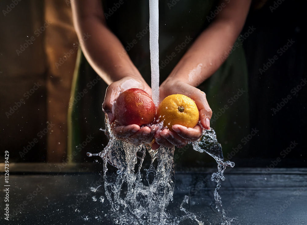Aufkleber close-up of hands washing a red apple and a yellow lemon under a faucet. water splashes dramatically