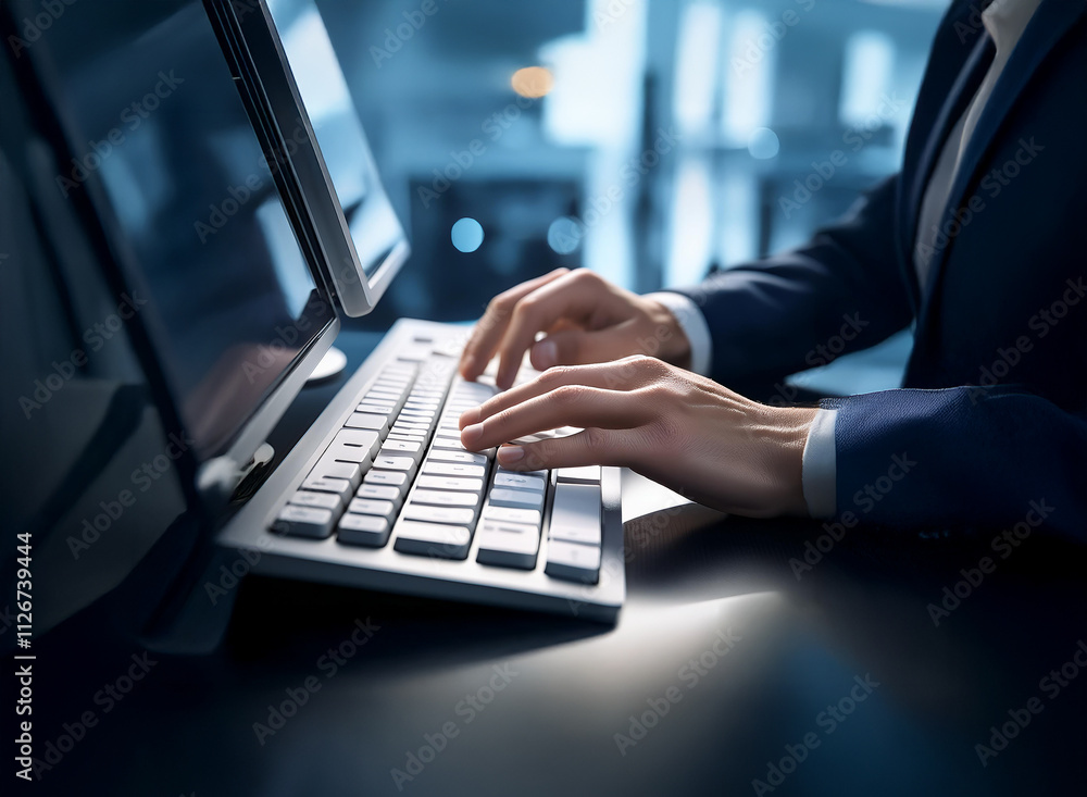 Fototapete Close-up of hands typing on a modern keyboard, illuminated in a dimly lit office setting.  The focus is on the precision and efficiency of the typing.