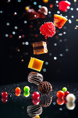 a bunch of different kinds of candy and candies are falling into the air