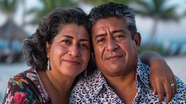 A joyful couple enjoying their stay, posing near the poolside with clear skies and palm trees in the background. - Powered by Adobe