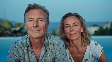 Obraz premium The image depicts a middle-aged couple sitting together with a blurred background featuring a body Of water and buildings.