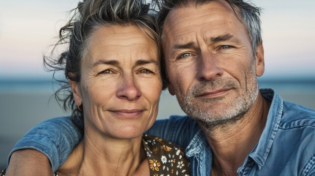 A portrait of a middle-aged couple embracing on a beach against a blurred beach background with a pale sky.