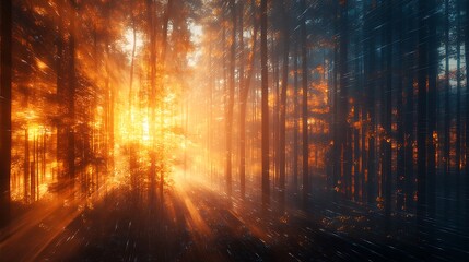 Golden Hour Sunlight Illuminating a Misty Forest Path. AI Generated