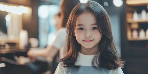Professional hairdresser with Asian background skillfully trims and checks the hair of a beautiful young girl in a modern beauty salon, showcasing expertise in hair styling and care.