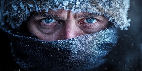 Naklejka premium Portrait of a man in winter, showcasing a jacket pulled over his mouth. This frozen portrayal highlights the cold wintertime ambiance, emphasizing a winter themed portrait concept.