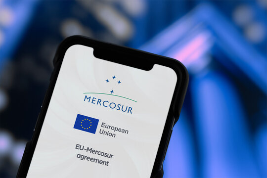 Guilherand-Granges, France - December 10, 2024. The Mercosur-EU agreement boosts trade, cooperation, and development between South America and the European Union.