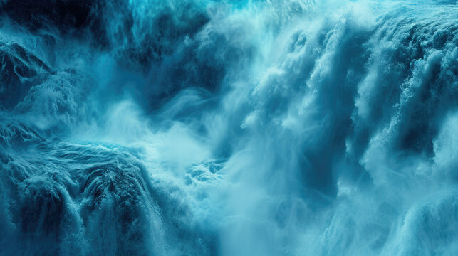 Powerful waterfall spray in turquoise tones. Dynamic nature photography capturing the raw energy of falling water with mist and turbulent flow creating abstract patterns
