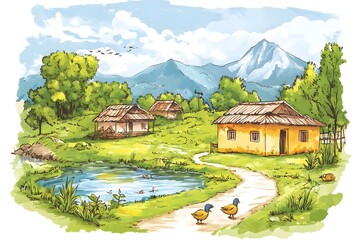 Fototapeta premium illustration of beautiful landscapes with mountains and lakes in watercolor, aquarelle look pencil art Countryside village landscape with church and houses illustration, design, vector, nature, travel