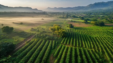 Fototapeta premium A birdâ€™s eye view of a thriving chili plantation, rows of red and green chili plants stretching into the horizon, with a soft mist and warm morning light casting long shadows
