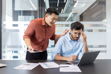 A business scenario depicting an angry boss confronting a stressed employee in a modern office...