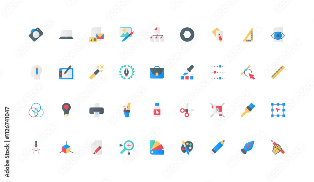 Poster graphic design tools and software for art creation, creative portfolio of creator color icon set. ta