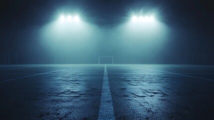 Nighttime Soccer Field: 3D Render of an Empty Stadium Under Lights. AI Generated