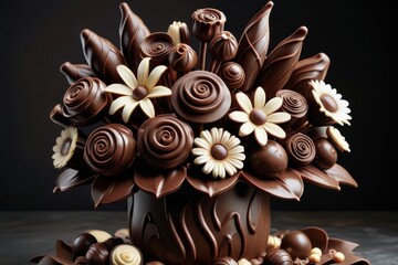 vase of chocolates and flowers on table