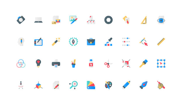 Graphic design tools and software for art creation, creative portfolio of creator color icon set. Tablet and designers project, shapes, magic wand and scissors flat elements vector illustration