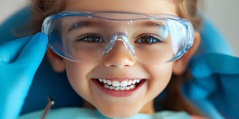 A little girl at a dentist appointment showcasing professional dental hygiene practices. The focus is on the prevention of dental caries with the child wearing safety glasses during the visit.