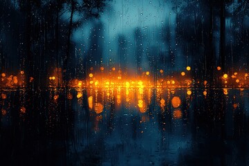 Fototapeta premium Rain on window, blurred background, cool color palette