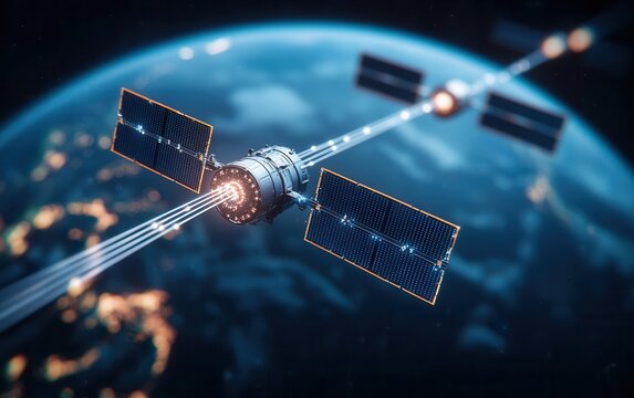 3D visualization of fiber optics connecting satellites and Earth, showcasing advanced communication