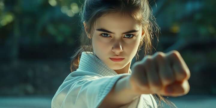 Focused adolescent girl in a kimono practicing her punching techniques during kumite in a karate training session, demonstrating dedication and discipline in her martial arts training.