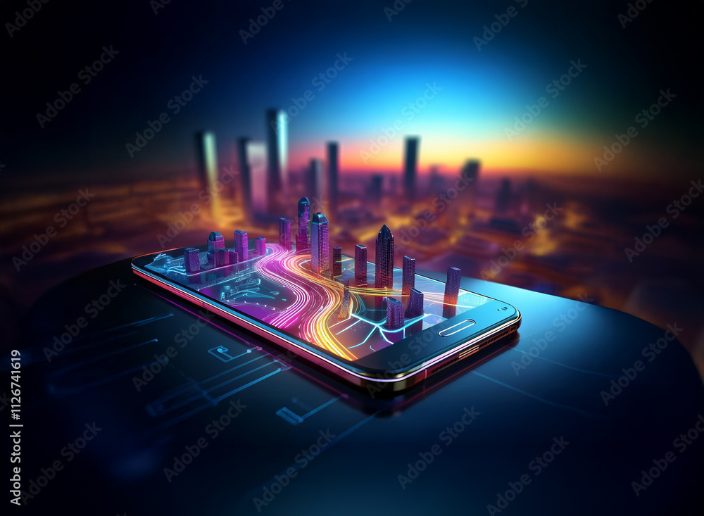Poster A futuristic cityscape visualized on a smartphone screen, showcasing advanced navigation technology and urban planning.  The vibrant display integrates seamlessly with the sleek device, offering a gli