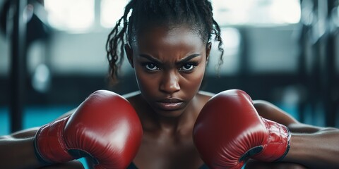 Angry black female boxer wearing boxing gloves embodies strength and determination while sitting after a workout, showcasing the dedication of a fierce MMA fighter or self defense trainer.