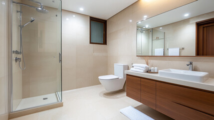 Large comfort Luxury Bathroom with Shower, Toilet and brown accent