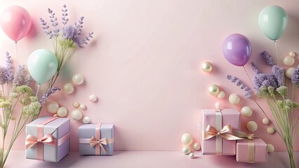 Pastel Celebration Delicate Gifts, Balloons, and Flowers on Pink Background