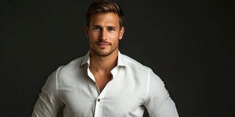 Obraz premium Confident_man_showcasing_style_in_a_natural_shirt_exuding_confidence_in_a_studio_portrait_setting_that_highlights_the_essence_of_a_confident_man_in_fashion
