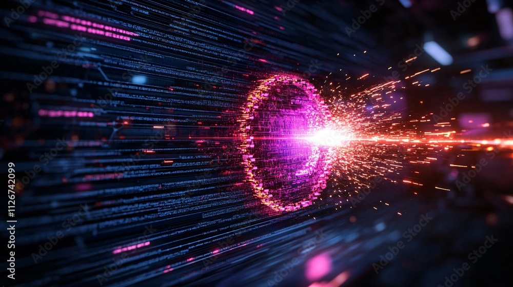 Poster futuristic digital sphere emitting vibrant sparks and light beams in a dark technological environmen